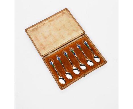A set of six Liberty silver and enamel  teaspoons, cast with Art Nouveau foliate terminal and blue, green and orange enamel p