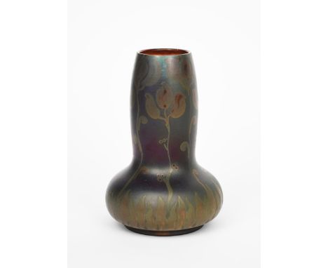 A Burmantoft's Faience lustre vase designed by Joseph Walmsley,  ovoid form with swollen cylindrical neck, painted with Art N