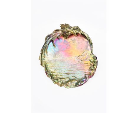 A large Art Nouveau Delphin Massier Vallauris lustre dish, shape no.3,  moulded in relief with a coastal landscape, pierced w