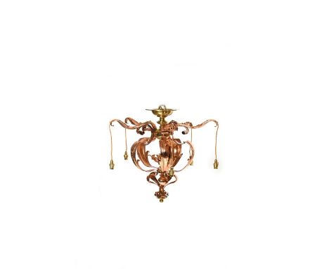 A large copper and brass ceiling light,  central brass column, flanked by five radiating copper foliate arms, with light fitt