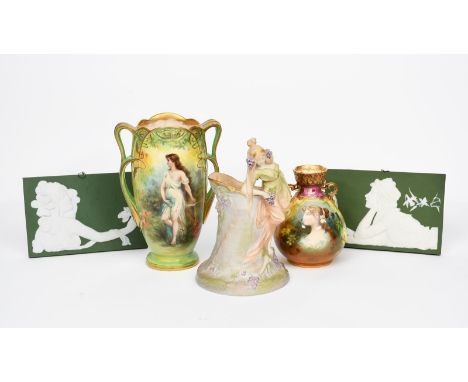 An Art Nouveau Austrian ewer probably Amphora,  model no.3569, tapering cylindrical form, the handle cast as an Art Nouveau m
