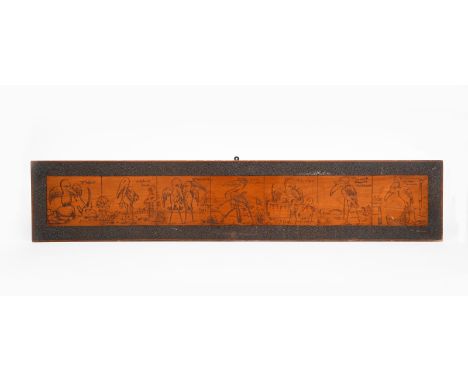 Seven Ages of Man and Seven Virtues a pair of pokerwork panels after the design by Alfred Masson,  the rectangular panels dec