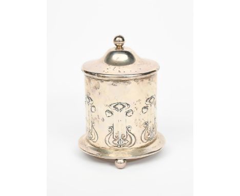 A Roberts and Belk silver biscuit barrel and cover,  cylindrical form on ball feet, stamped in low relief with Art Nouveau fo
