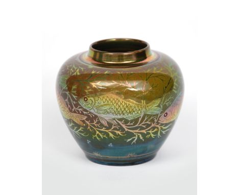 A Pilkington's Lancastrian Pottery vase by Gladys Rogers, shouldered ovoid form, painted with scaly fish swimming amongst wat