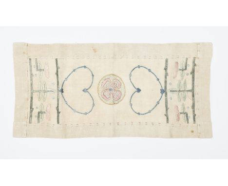 A Glasgow School silk embroidered panel the design attributed to Bessie Newberry, rectangular, embroidered with a central flo