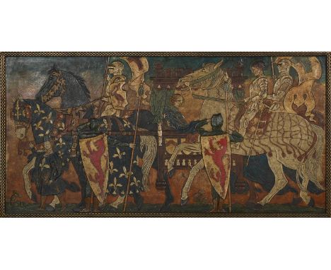 A large embossed paper panel, rectangular, decorated with medieval knights on horseback, in colours unsigned 158cm wide Prove