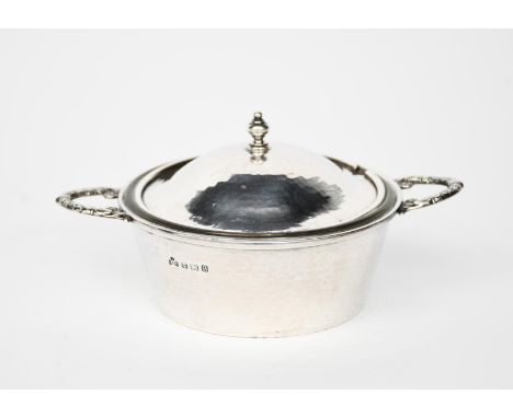 A Connell silver twin-handled pot and cover, model no.808, flaring conical form, with applied foliate garland handles,  the s