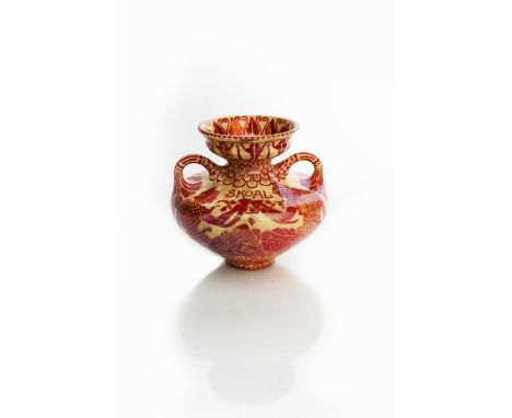 'Skoal' a rare Maw Salop ruby lustre vase designed by Walter Crane, shouldered twin-handled form, painted with two resting wa