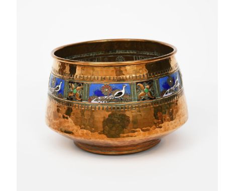 A WMF patinated brass and enamel vase,  tapering cylindrical form, cast with and enamelled with a band of peacock and stylise