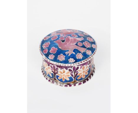 A John Pearson ceramic pot and cover,  circular section, the slightly domed cover painted with birds amongst flowerheads in p