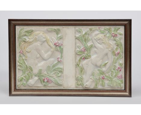 Joyce Bidder FRBS RMS (1906-1999) Figure Studies two pottery tiles mounted as a panel each depicting a young naked girl among