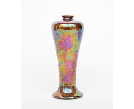 A Ruskin Pottery lustre baluster vase by William Howson Taylor, slender, baluster form covered in a golden iridescence, paint