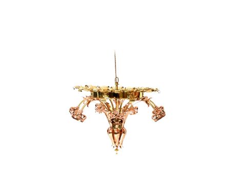 A large copper and brass ceiling light in the manner of WAS Benson, seven foliate arms, unsigned, 64cm. high