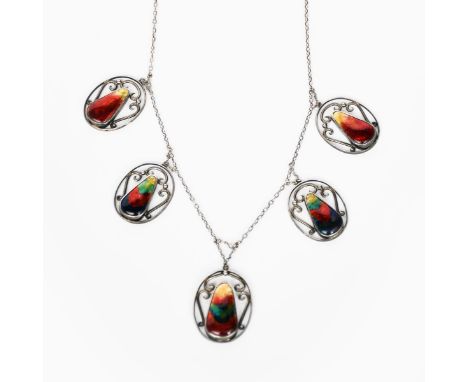 A Newlyn Industrial Classes silver and enamel necklace, five pierced oval wirework frame panels each set with teardrop multi-