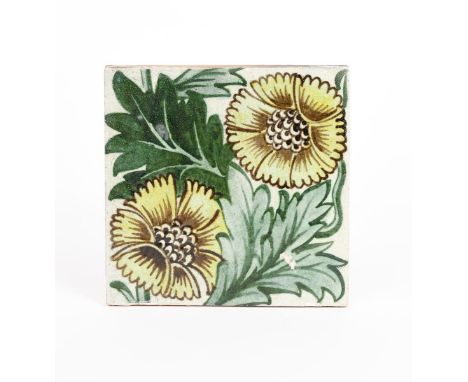 A William De Morgan Merton Abbey K L Rose tile, painted with two flowers in shades of yellow, aubergine and green on a white 