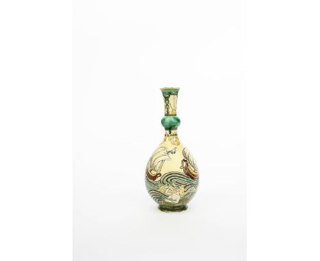 A fine Art Nouveau Della Robbia Pottery vase by Cassandra Annie Walker,  dated 1896, pear-shaped with knopped and flaring cyl