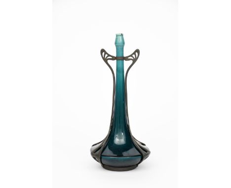 An Art Nouveau pewter mounted ceramic vase,  tapering, solifleur ceramic vase glazed blue, with cast pewter mount, unsigned, 
