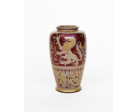 A Pilkington's Lancastrian Pottery vase by William S Mycock,  shouldered form with everted top rim, painted with heraldic lio