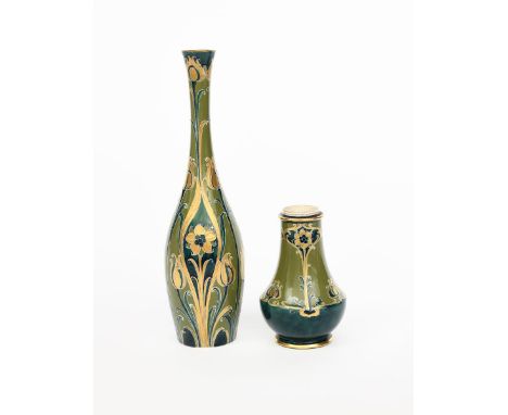 'Green and Gold Florian Ware' a James Macintyre &amp; Co solifleur vase designed by William Moorcroft,  slender, swollen form