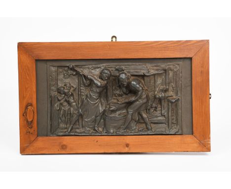 Benjamin Creswick (1853-1946) The Blacksmith's Forge patinated cast iron panel cast by Coalbrookdale Co, framed signed in the