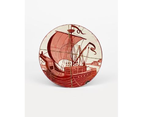 A William De Morgan Galleon plate,  painted with a galleon weighing anchor, in ruby lustre on a white ground, the reverse wit