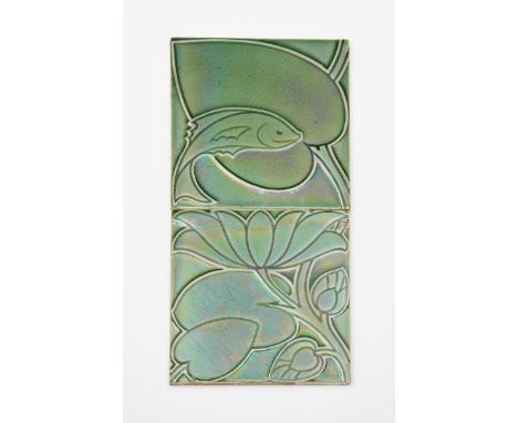 A Pilkington's Lancastrian Fish and Leaf two tile panel designed by Charles Francis Annesley Voysey, dust pressed with a fish