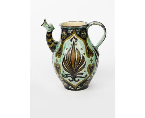 A Della Robbia Pottery Dragon Jug by Liz Wilkins and Arthur Bells, swollen ovoid body with applied strap handle, the spout mo