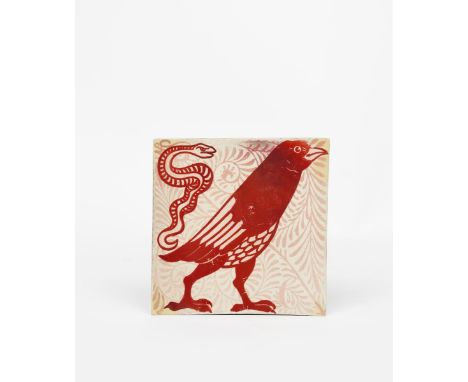 A William De Morgan ruby lustre Bird tile, painted with a bird and snake before scrolling foliage, in red lustre on a white g