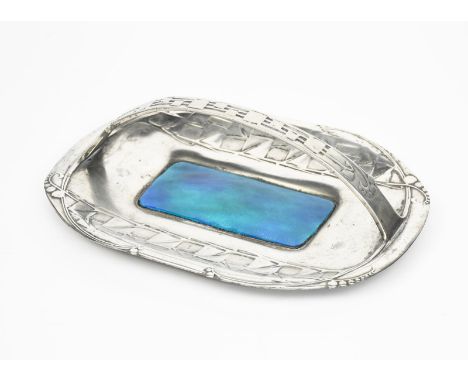 A Liberty Tudric Pewter and enamel tray designed by Archibald Knox,  model no.0357, rounded, rectangular form, cast in low re