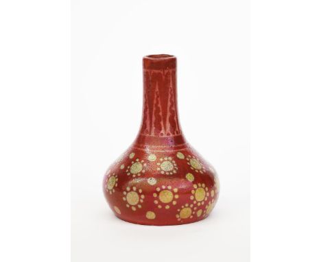 A William De Morgan solifleur vase,  ovoid with tapering neck, painted with stylised flowerhead motif in sand on a ruby groun