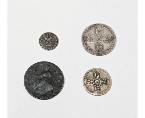 William III, two pence, laureate head right, rev crowned small figure 2, (5.3551A), about very fine,&nbsp;George II (1729-176