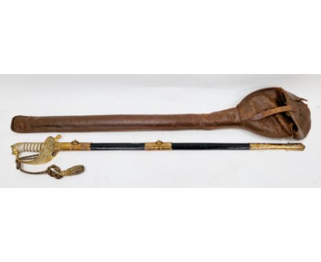 19th century naval officer's dress sword, bright steel blade with three-quarter fuller and spear tip, arabesque etched decora