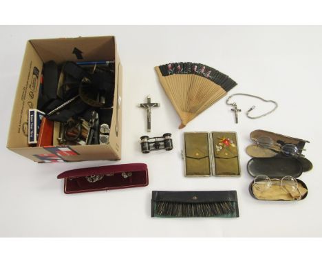 Mixed collectables to include vintage glasses in cases, a purse, Common Prayer Hymns A-M small book, a silver-plated sugar si