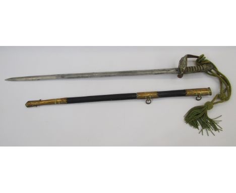 Victorian naval officer's sword made by Gieve and Sons of Portsmouth, leather and brass scabbard, 'H.R.RUSSELL.R.N' stamped o