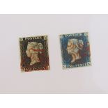 GB stamps: Fine Penny Black ‘SL’ (SG 2) and first issue 2d Blue ‘CK’ (SG 5), both 4 margin & red