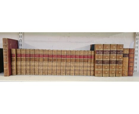 Fine bindings Carlisle's Works in 19 vols, half leather over marbled boards, Jowett "The Dialogues of Plato", half-calf over 
