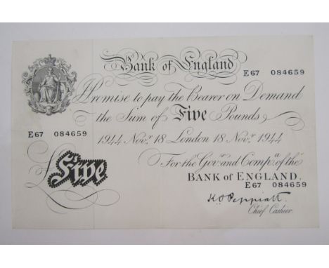 Bank of England &pound;5, signed K O Peppiatt (1944-45), prefix E67 084659, note has been folded, very fine (BE92a)