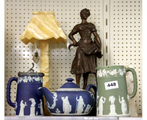 A Victorian spelter figure, a pair of Staffordshire dogs, an alabaster table lamp and three pieces of Wedgwood.