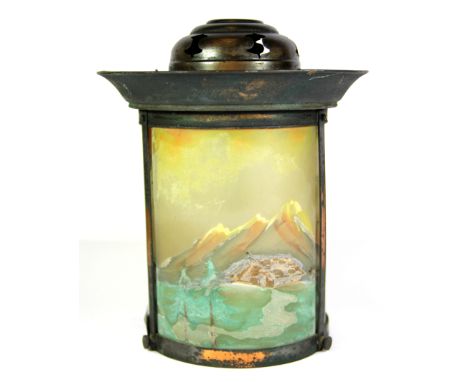 A 1920's painted glass and copperised hall lantern, H. 22cm.