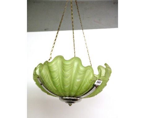 An Art Deco Odeon type chrome and green glass shell ceiling light, Dia. 33cm.