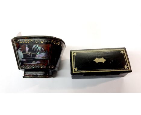 A 19th century Japanese mother of pearl inlaid lacquer and metal cup, H. 4cm, together with an early 19th century papier mach