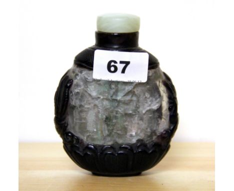 An unusual Chinese inside painted fluorite snuff bottle cameo carved in the style of Peking glass with a jade / hardstone sto