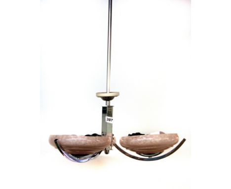 A 1940's chrome and glass three branch chandelier light fitting, W. 48cm.