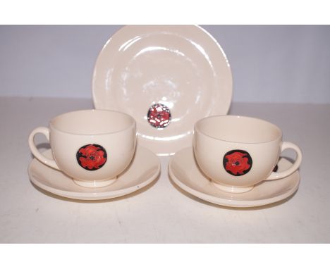 2 Moorcroft cups &amp; saucers with side plate (Poppy pattern)