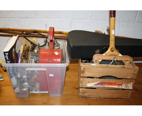 A miscellaneous collector's lot including a childs guitar, Odhner adding machine, weavers shuttle, blow torch, Kenyons Patent