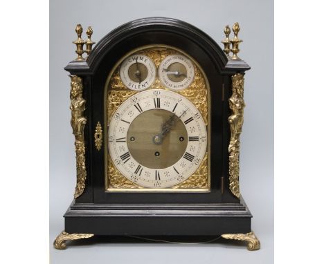J C Pennens of London. A Victorian eight day triple fusee ebonized boardroom clock with variable chime and rack of ten bells 