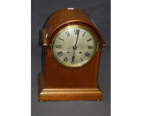 A 19th century brass inlaid mahogany eight day twin fusee mantle clock with simple untitled convex dial, chiming on a simple 