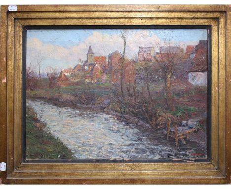 R Cusner (Robert?) A continental riverscape  with buildings on its banks impasto oil on canvas, signed 38 x 54cm