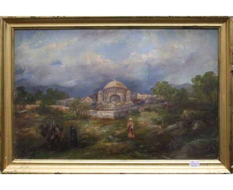 R****P (19th 20th century) A Moorish landscape with mosque and walled town, figures to the fore Oil on board, signed and date