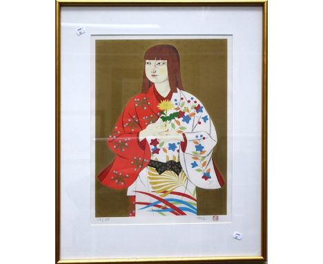 20th Century Japanese school Three quarter length portrait of a young Geisha holding a lotus flower. Lithograph, signed and n